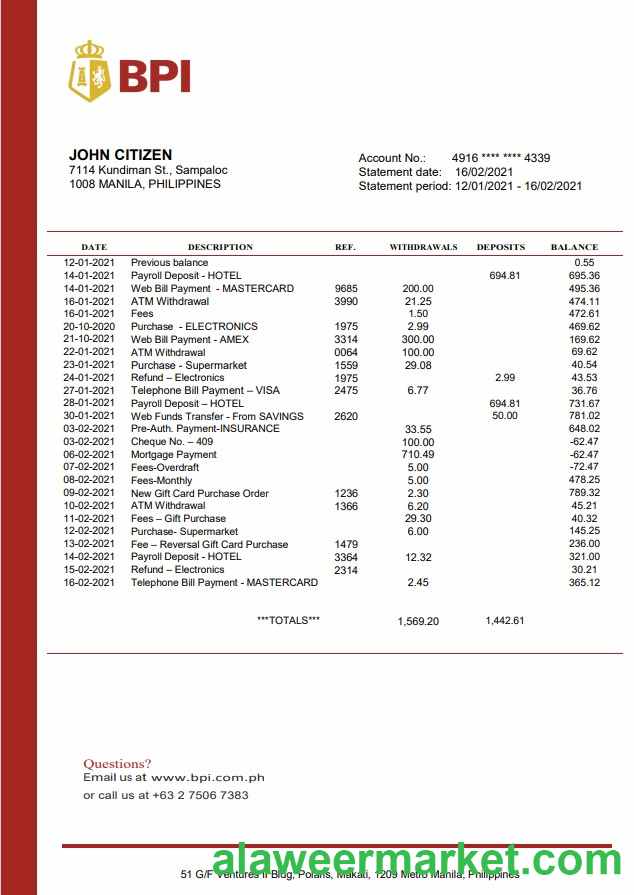 Philippines Bank of the Philippine Islands proof of address bank statement template in Word and PDF format